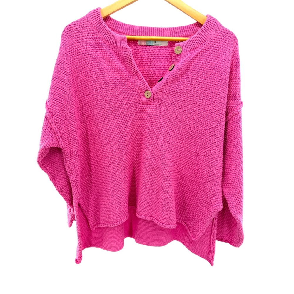 FP Beach Free People Hot Pink Waffle Knit Hailee Henley Pullover Sweater XS